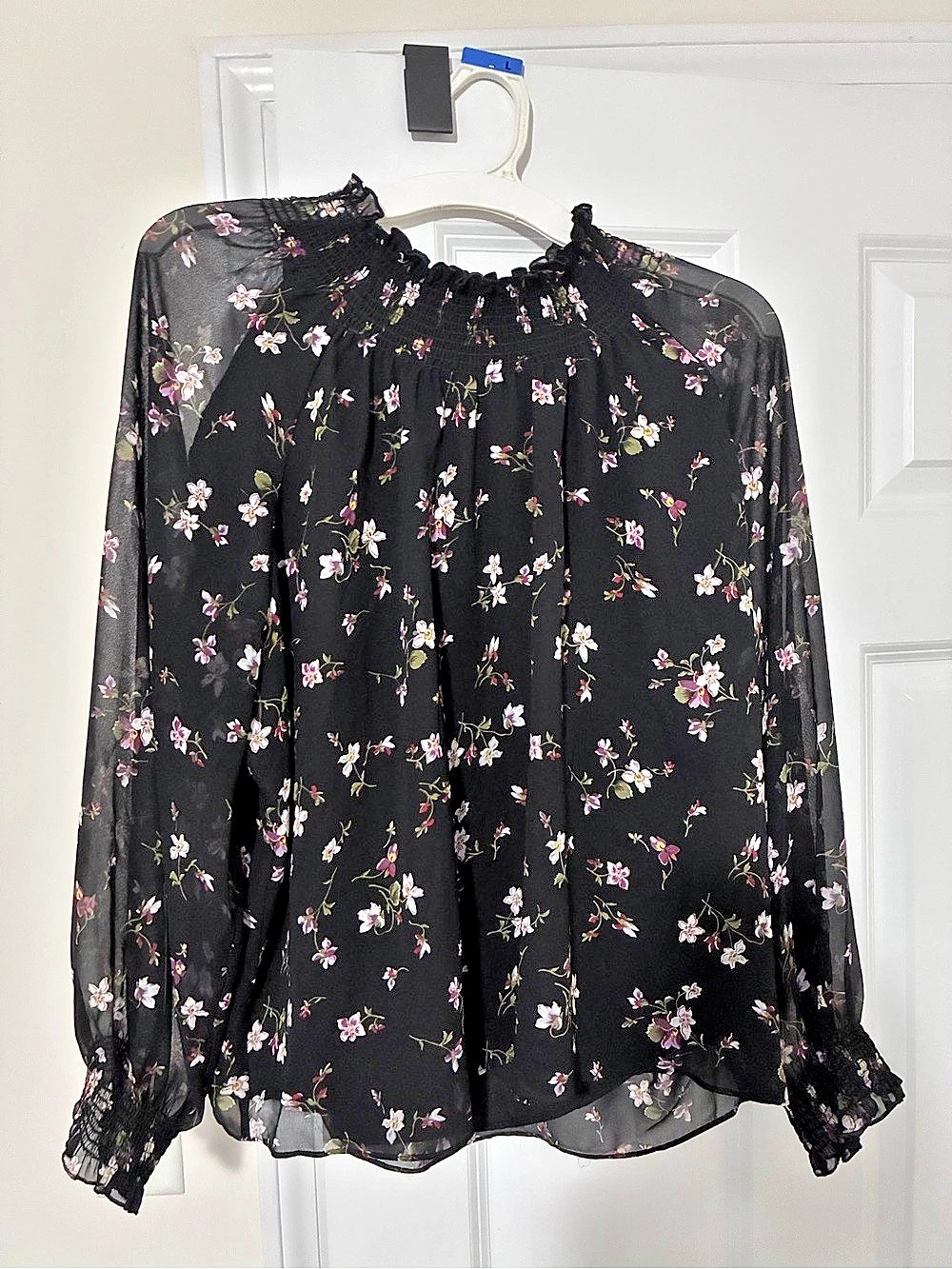 Madewell Smocked High-Neck Long-Sleeve Top Floral Blouse Black & Pink XL